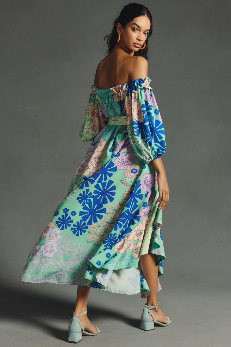 New ANTHROPOLOGIE Oopscool Off-The-Shoulder Floral Midi Dress $328 MEDIUM Green